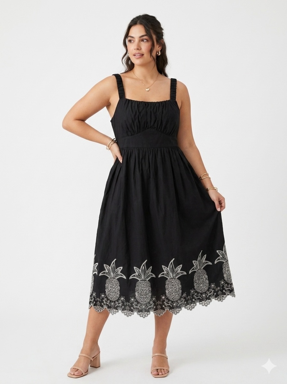 London Times Black Pineapple Embroidered Eyelet midi Dress Cotton Smocked SMALL